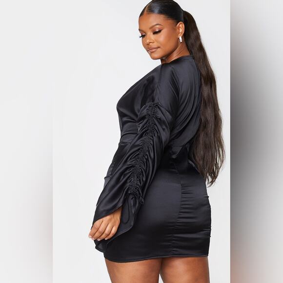NWT PrettyLittleThing Mini Dress Womens 18 Black Satin Plunge Ruched Cocktail - Picture 2 of 6